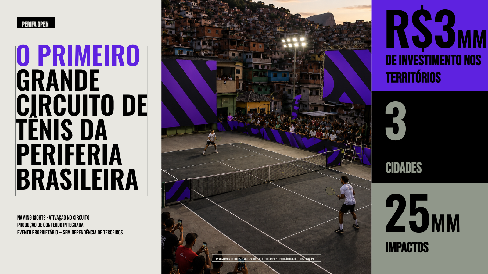Apresentação visual do Perifa Open com quadra montada em território periférico e dados do circuito
