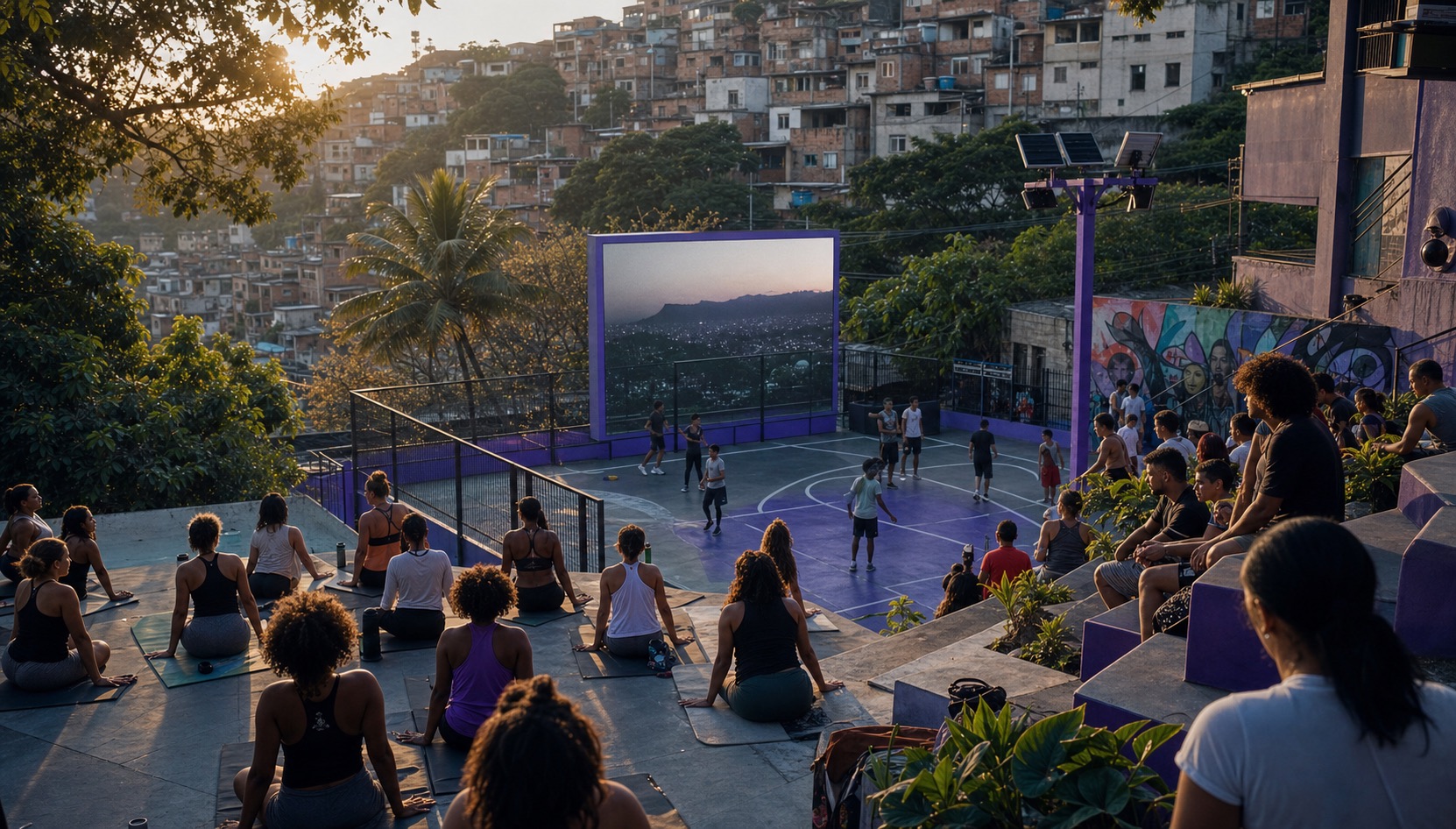 Espaço de convivência em território periférico com atividade de bem-estar e presença de mídia