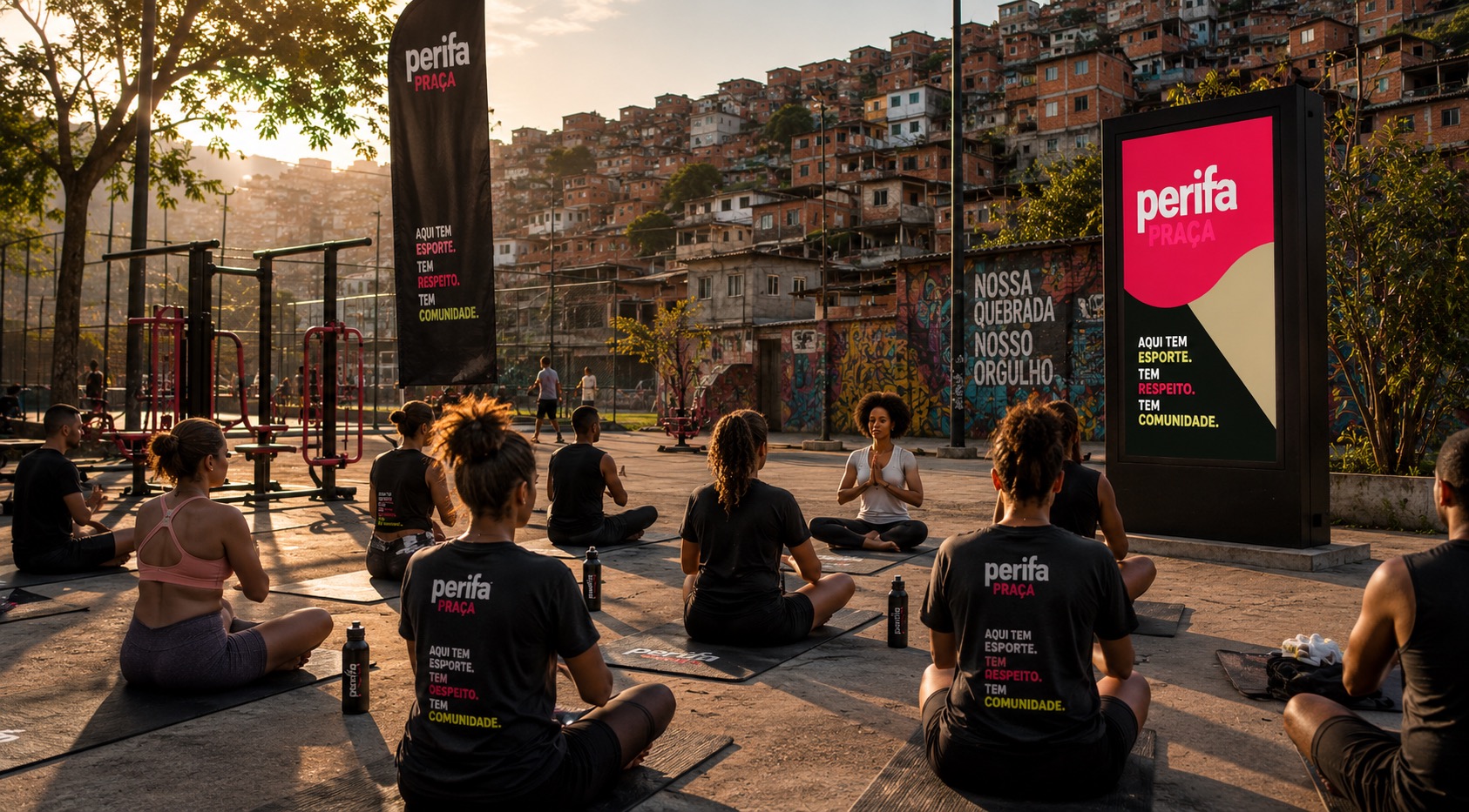 Atividade de bem-estar em espaço comunitário ativado pela Perifa Praça